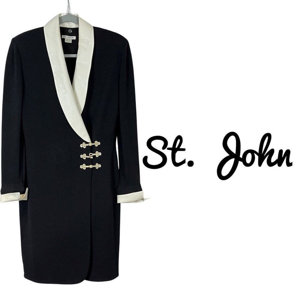 St. John Black Coat Jacket with White Trim
